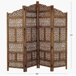 6 ft. Brown 4 Panel Floral Handmade Foldable Arched Partition Room Divider Screen with Intricately Carved Designs