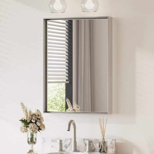 KeonJinn 22 in. W x 30 in. H Framed Brushed Silver Mirrors for Bathroom Wall Square Corner Bathroom Vanity Mirror Over Sink