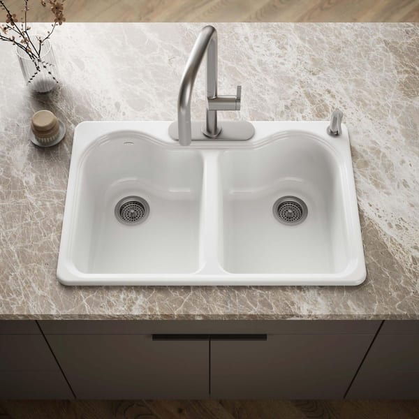 Hartland Drop-In Cast Iron 33 in. 4-Hole Double Bowl Kitchen Sink in White