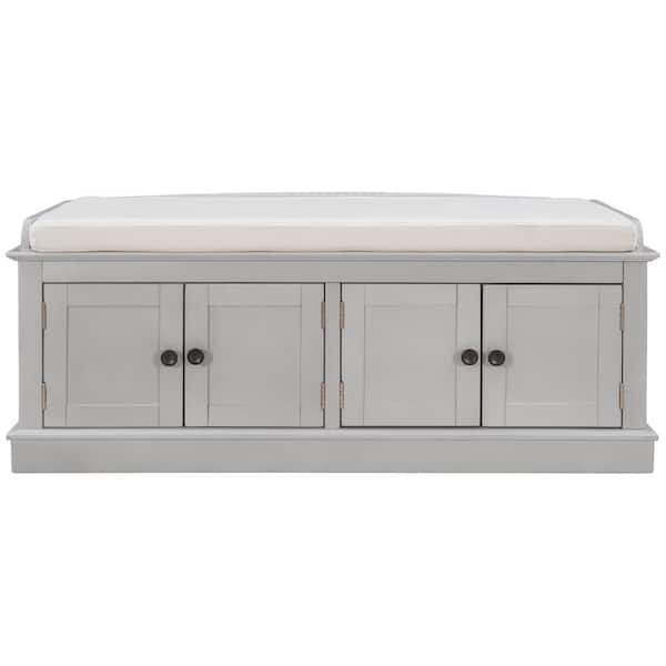 URTR Gray Wash Storage Bench, 4-Doors, Adjustable Shelves, Shoe Bench, Removable Cushion 42.7 in. L x 16 in. W x 17.4 in. H