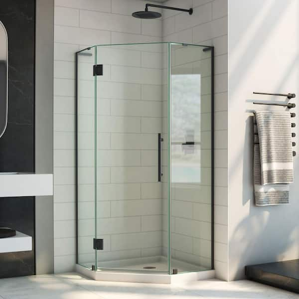 DreamLine Prism Plus 38 in. x 38 in. x 74.75 in. Semi-Frameless Neo-Angle Hinged Shower Enclosure in Matte Black with Shower Base