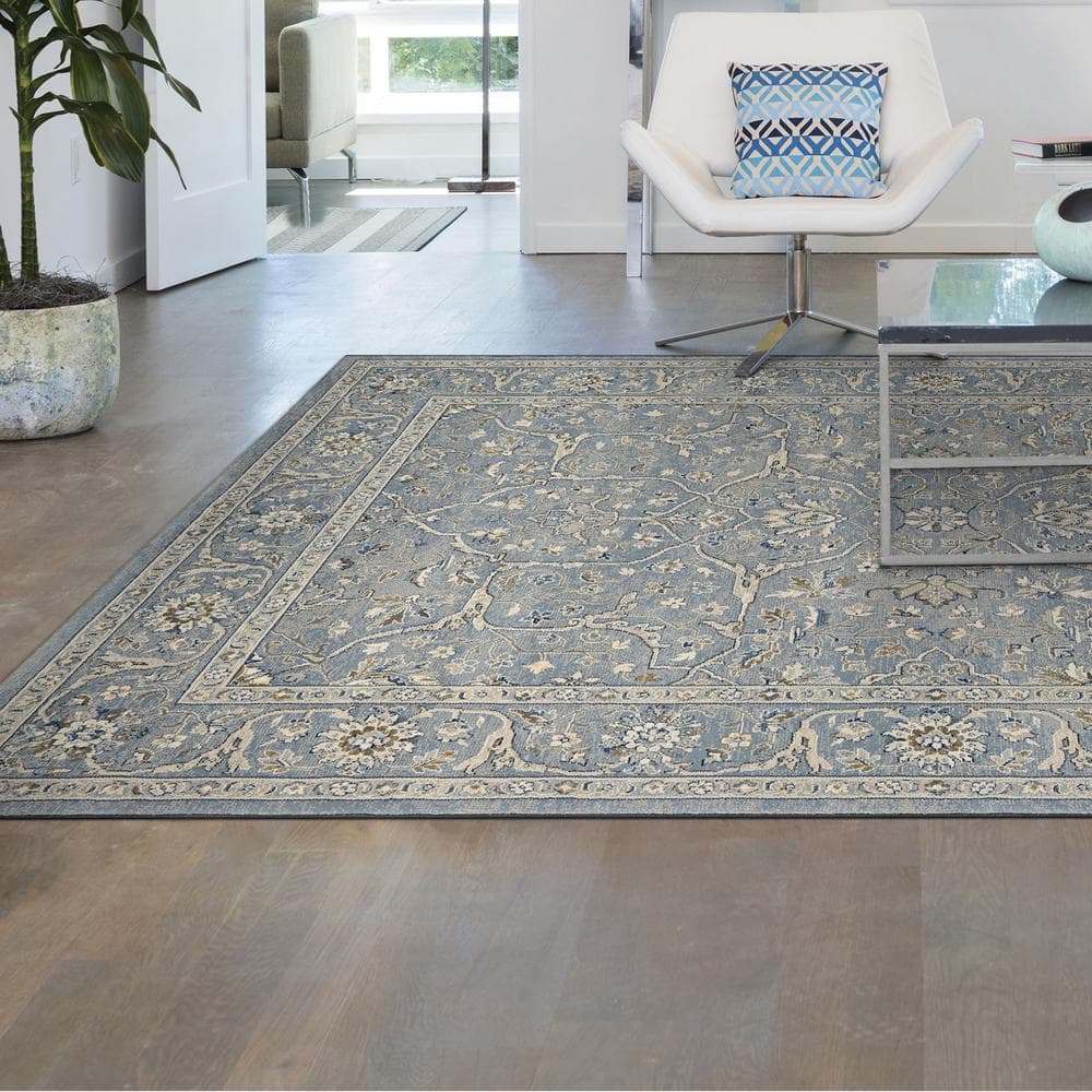 Slate Blue Persian-Inspired Wool and Synthetic Area Rug 3'11" x 5'3"