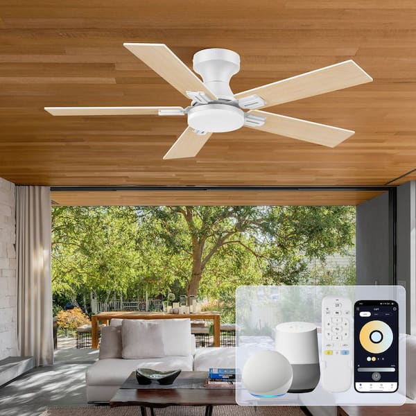 42 in. White Smart Standard Flush Mount Outdoor Indoor Ceiling Fan w/ Dimmable LED Light Remote/APP/Alexa Quiet DC Motor