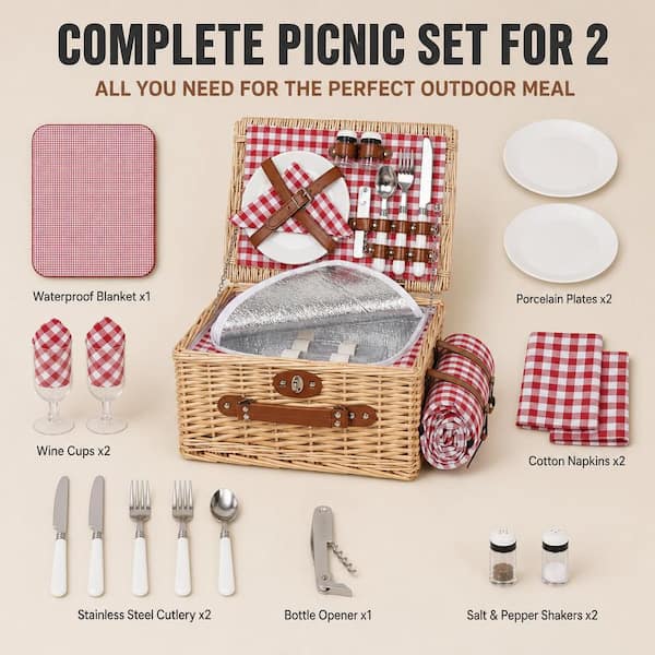 Numhew Vintage Classic 1-Piece Red Check Wicker Picnic Basket Set
