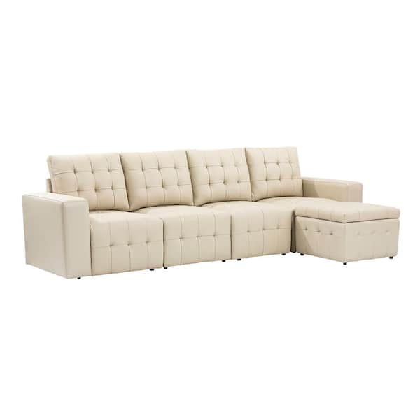 JAYDEN CREATION Bona 111 in. wide Beige Leather Sofa with Tufted Seats