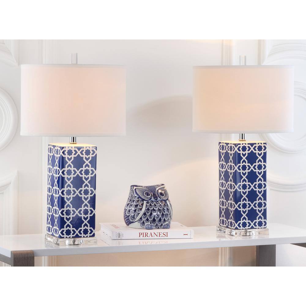 Navy and White Ceramic Table Lamp Set with Cotton Shade