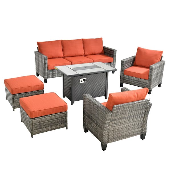 Flora 6-Piece Wicker Patio Rectangle Fire Pit Conversation Set with Orange Red Cushions