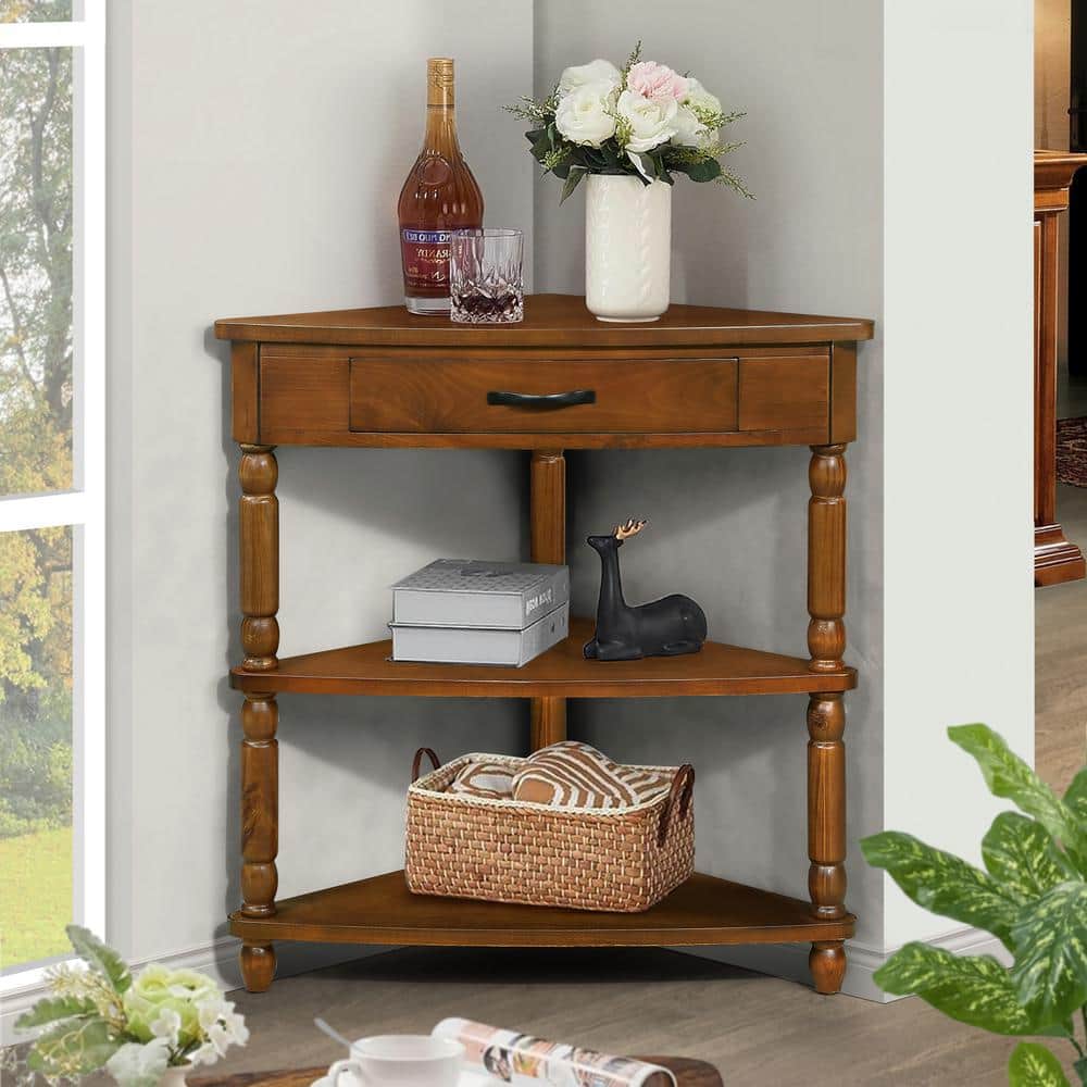 33.8 in. Brown Small Triangle Wood End Table with 1-Drawer Corner Side Tabl