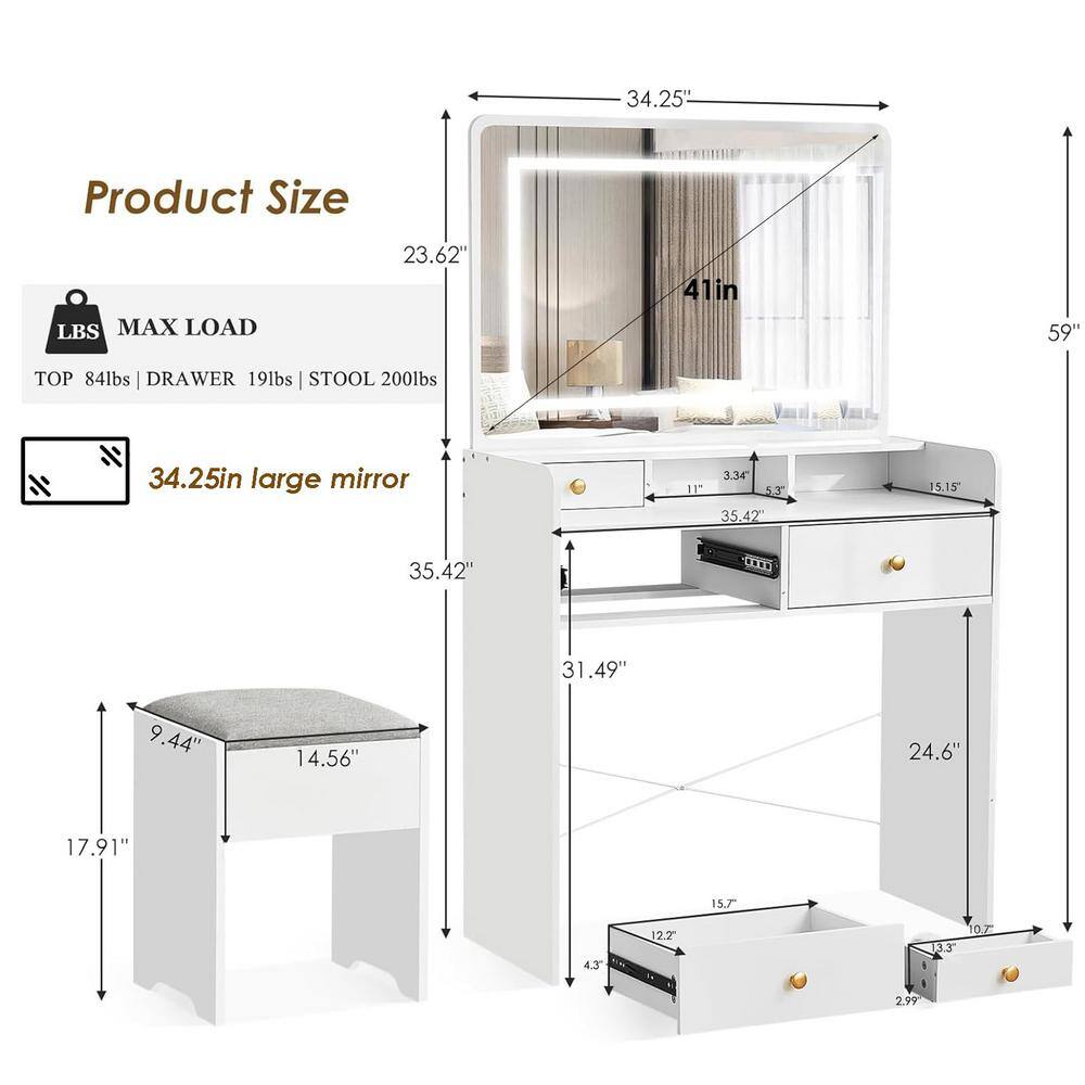 White Wood Vanity Desk with LED Mirror and Storage Bench