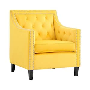 Yellow and Black Velvet Armchair with Button Tufted and Nailhead Trim
