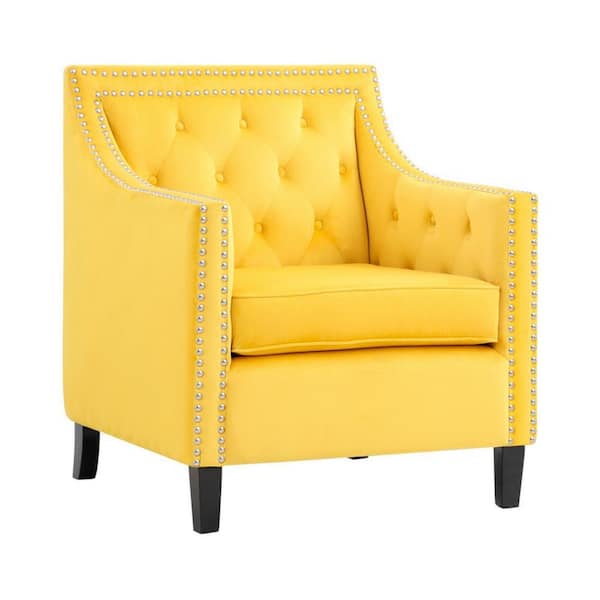 Benjara Yellow and Black Velvet Armchair with Button Tufted and Nailhead Trim
