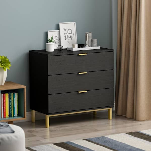 Drawer RH UA 秋冬物 かしみ様 FUFU&GAGA 3-Drawers Black Wood Chest of Drawers Dresser