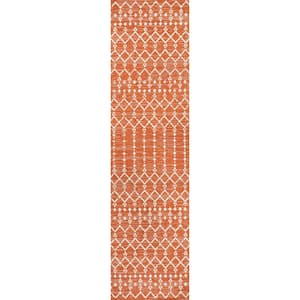 Ourika Moroccan Geometric Textured Weave Orange/Cream 2 ft. x 10 ft. Indoor/Outdoor Runner Rug