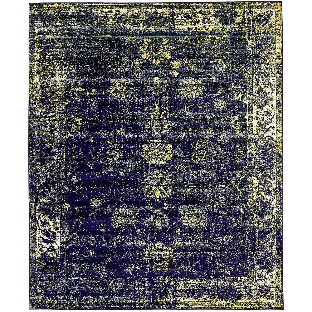 Navy Blue and Yellow Floral Motif Area Rug