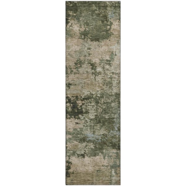 Mayfield Premium Machine Washable Abstract AMF2366 Olive 2 ft. x 7 ft. Runner Rug
