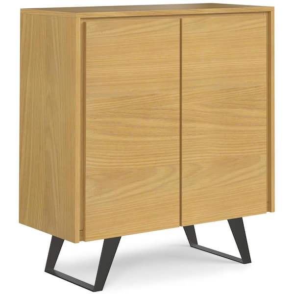 Simpli Home Lowry Solid Wood and Metal 39 in. Wide Modern Industrial Medium Storage Cabinet in Oak Veneer
