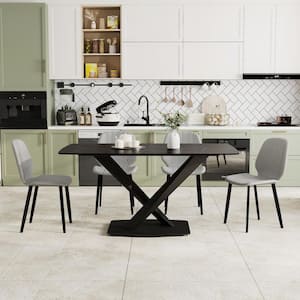 63 in. Black Pattern Rectangle Sintered Stone Top Pedestal Black Carbon Steel Base Dining Table (Seats-6)