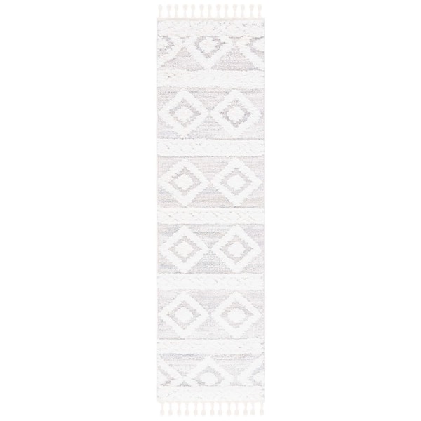 Moroccan Tassel Shag 2 ft. x 14 ft. Ivory/Beige Geometric Fringe Runner Rug