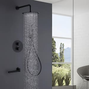 Double Handle 1-Spray Patterns with 4 GPM 10 in. Wall Mount Dual Shower Heads with Tub Faucet in Matte Black