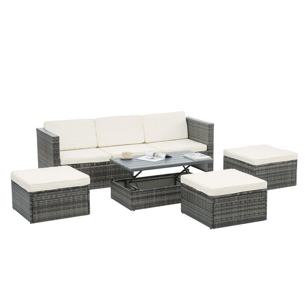 5-Piece Wicker Patio Conversation Set with Beige Cushions and Lift Top Coff