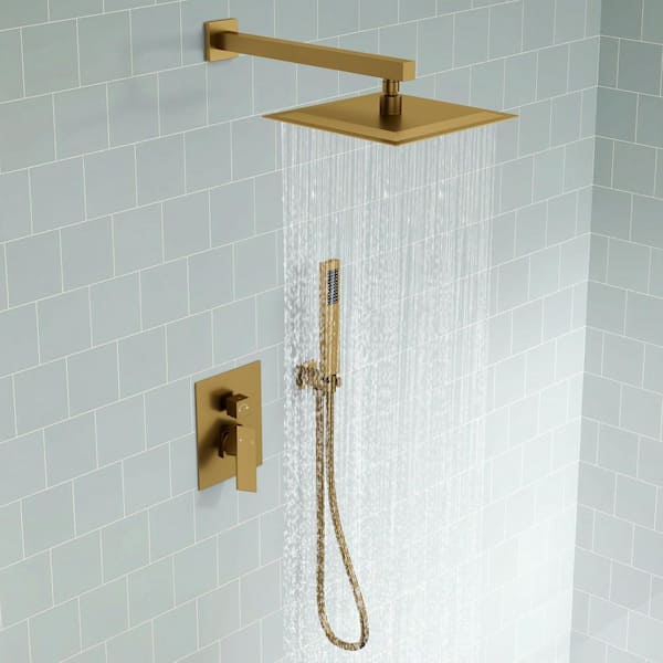 Double Handle 2-Spray Shower Faucet Square 10 in. Shower Head 2.5GPM with High Pressure in Brushed Gold (Valve Included)
