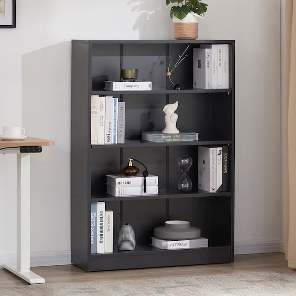 Lirago 48 in. Tall Black Wood 4-Shelf Bookcase FXHD0202-54BK - The