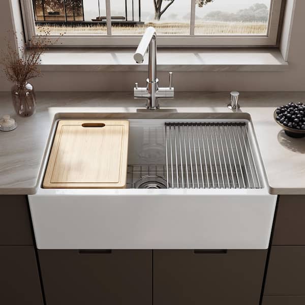 33 in. Farmhouse Single Bowl White Ceramic Kitchen Sink with Front Apron, Workstation, Bottom Grid and Strainer