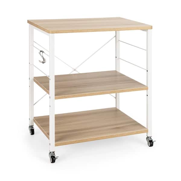 HONEY JOY Maple Kitchen Baker's Rack 3-Tier Microwave Cart with Wheels and 10-Hooks