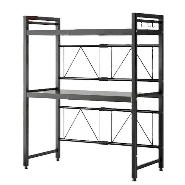 3-Tier Black Metal Kitchen Countertop Organizer Shelves with 8 Hooks, Microwave Oven Rack, 110lbs Weight Capacity