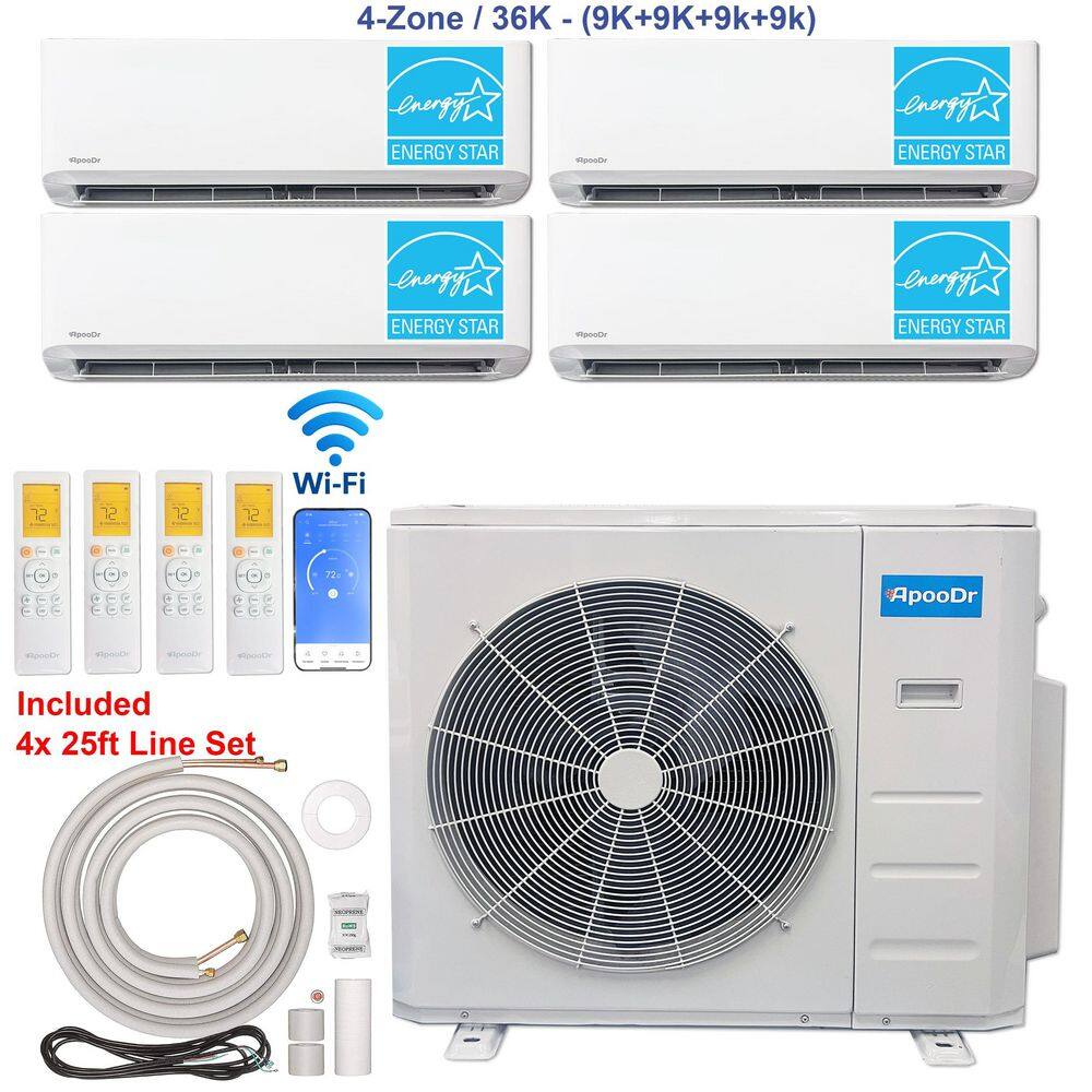 4-Zone ENERGY STAR Wi-Fi 36K BTU 230V 21 SEER2 Mini Split AC with Heat Pump + 9K+9K+9K+9K BTU Heads 25 ft. Lineset x 4 price history on PriceWatchPro