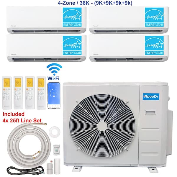 4-Zone ENERGY STAR Wi-Fi 36K BTU 230V 21 SEER2 Mini Split AC with Heat Pump + 9K+9K+9K+9K BTU Heads 25 ft. lineset x 4