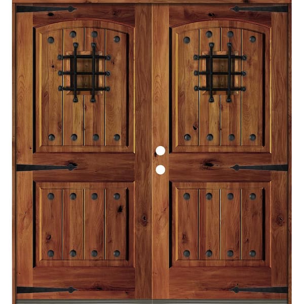 Krosswood Doors 64 in. x 96 in. Mediterranean Knotty Alder Arch Top with Red Chestnut Stain Right-Hand Wood Double Prehung Front Door