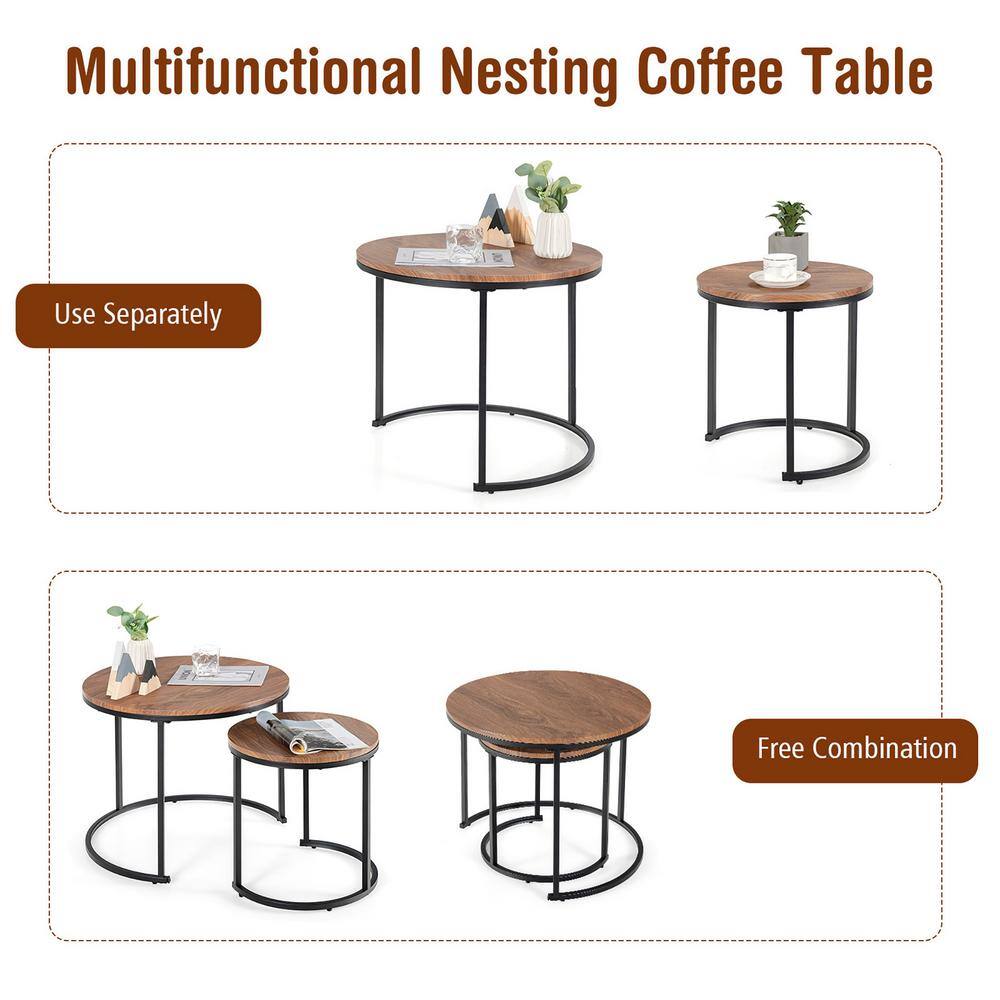 Vintage Walnut Round Nesting Coffee Table Set with Steel Frame