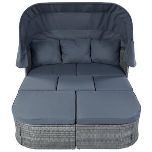 Gray Frame 6-Piece Wicker Outdoor Chaise Lounge Day Bed Sunbed with Canopy and Gray Cushions