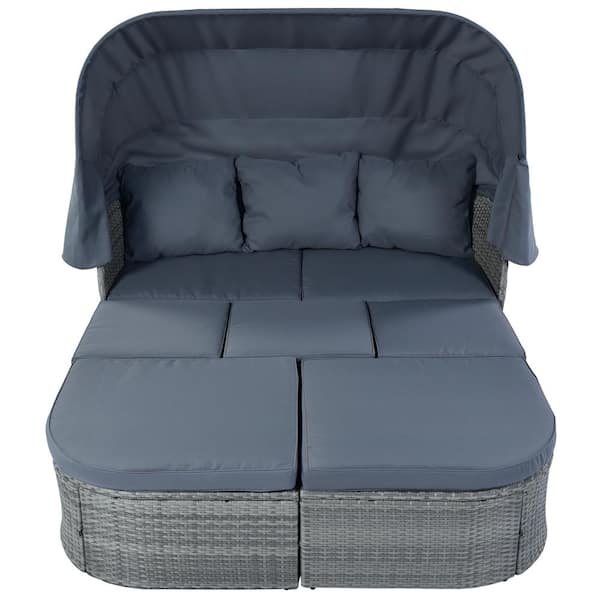 waelph Gray 6-Piece Wicker Outdoor Day Bed with Retractable Canopy and Gray Cushion