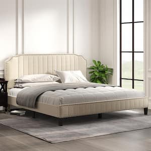 85 in. W Cream King Linen Solid Wood Frame Curved Upholstered Platform Bed, Nailhead Trim