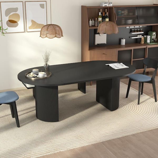 Black Wood 78.74 in. Double Pedestal Dining Table Seats 8 with Adjustable Tabletop