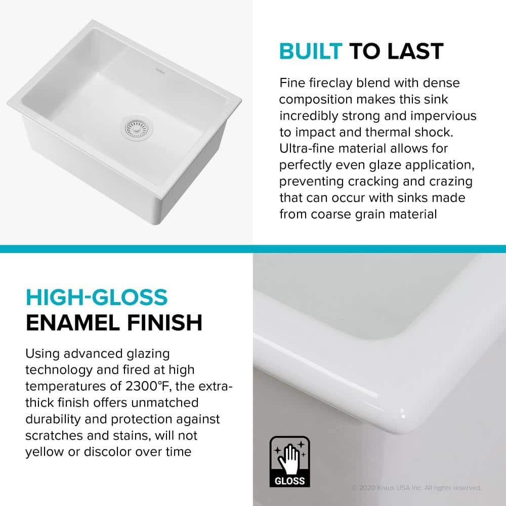 Turino 24" Gloss White Fireclay Drop-In Single Bowl Sink