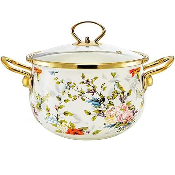 Vintage Enamel Stock Pot 2.8 qt. with Lid, Floral Design, Induction Compatible, Non-Toxic Material