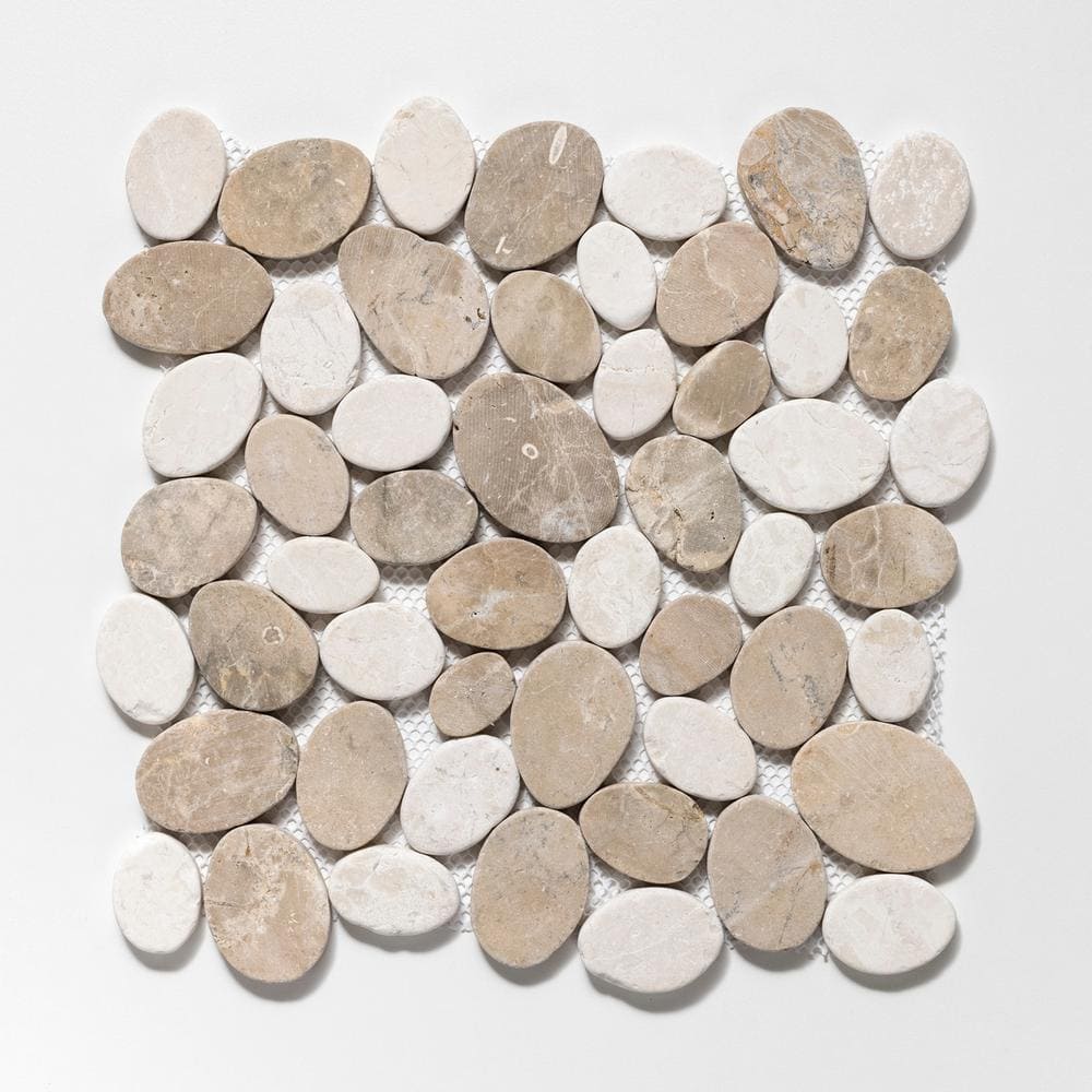 Tan and White Tumbled Marble Pebble Mosaic Tile