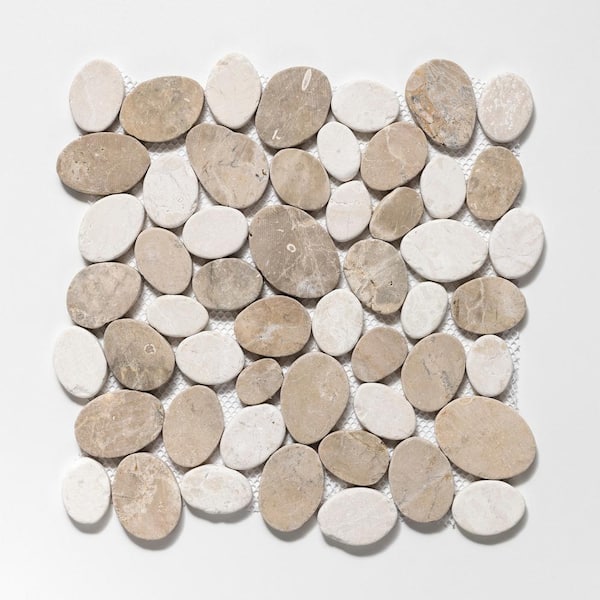 Pebble Marble Tile Tan/ Off-White 11-1/4 in x 11-1/4 in x 9.5mm Mesh-Mounted Mosaic Tile (9.61 sq. ft. / case)