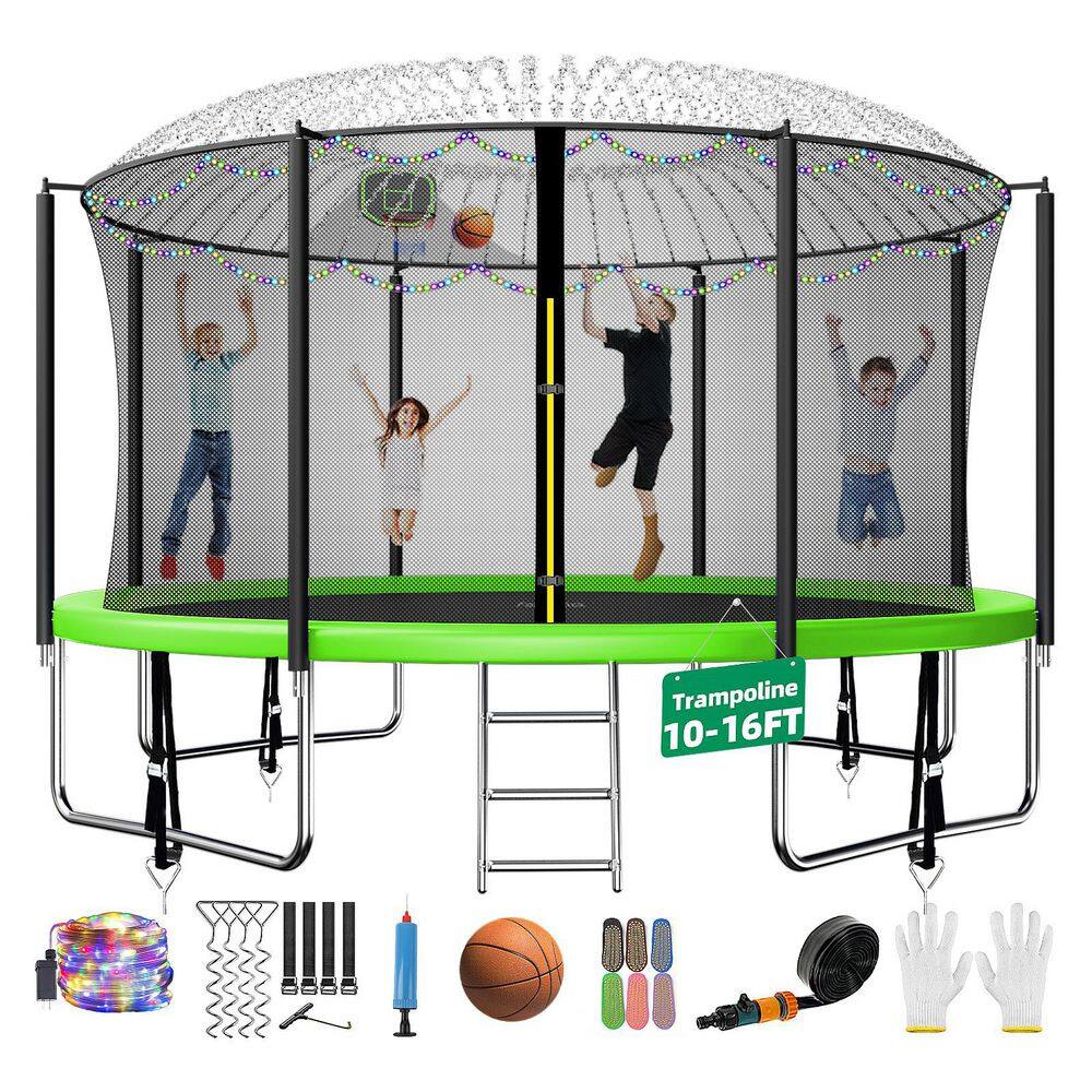 12 ft. Round Backyard Trampoline with Basketball Hoop, Safety Enclosure, Sprinkler, Lights, Socks and Wind Stakes