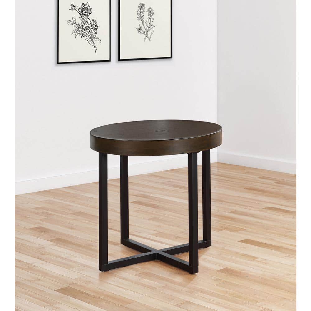 Yukon 24" Round Walnut Wood and Iron End Table