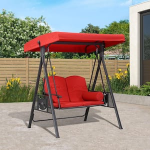2-Person All-Weather Steel Frame Porch Swing with Adjustable Tilt Canopy, Cushions and Pillow Included, Terra