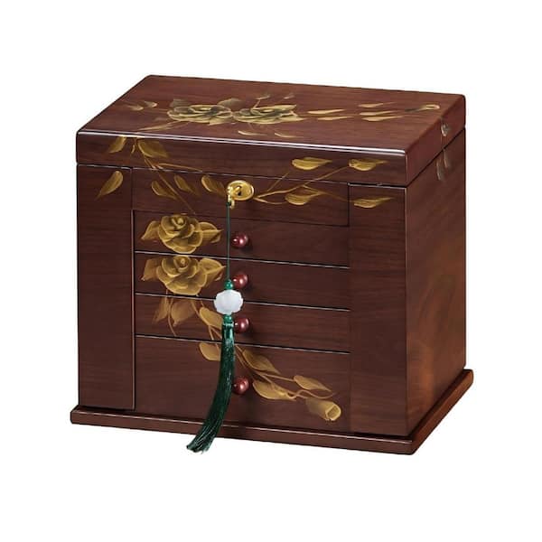 Brown Rectangular Wood Jewelry Box with Lock and Key HD8JZH1XRJ