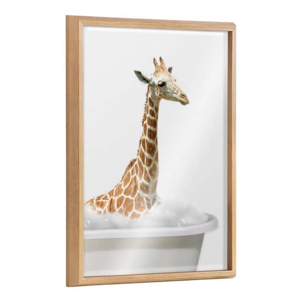 Kate and Laurel Blake Bathroom Bubble Bath Giraffe by the Creative Bunch Studio Framed Glass Art Print 24 in. x 18 in.