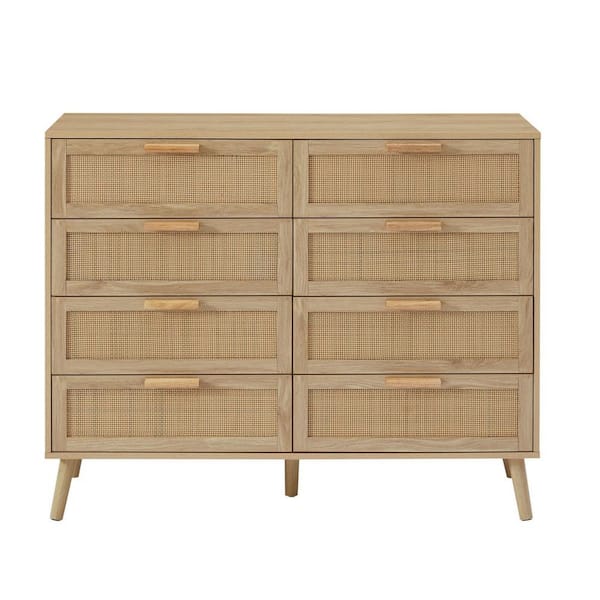 Angel Sar 47.2 in. W x 15.8 in. D x 37.4 in. H Natural Wood Chest of Drawers with 8 Rattan Drawers for Living Room and Hallway