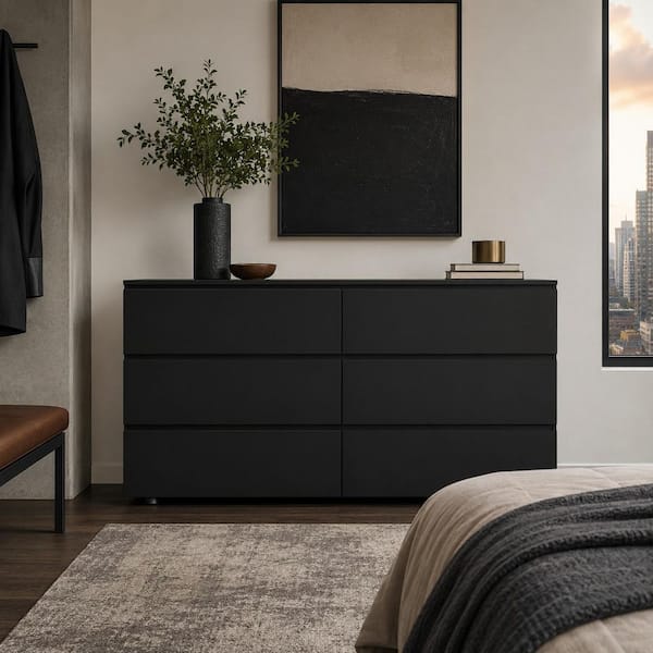 FUFU&GAGA Black 6-Drawers 59 in. W Wooden Chest of Drawers