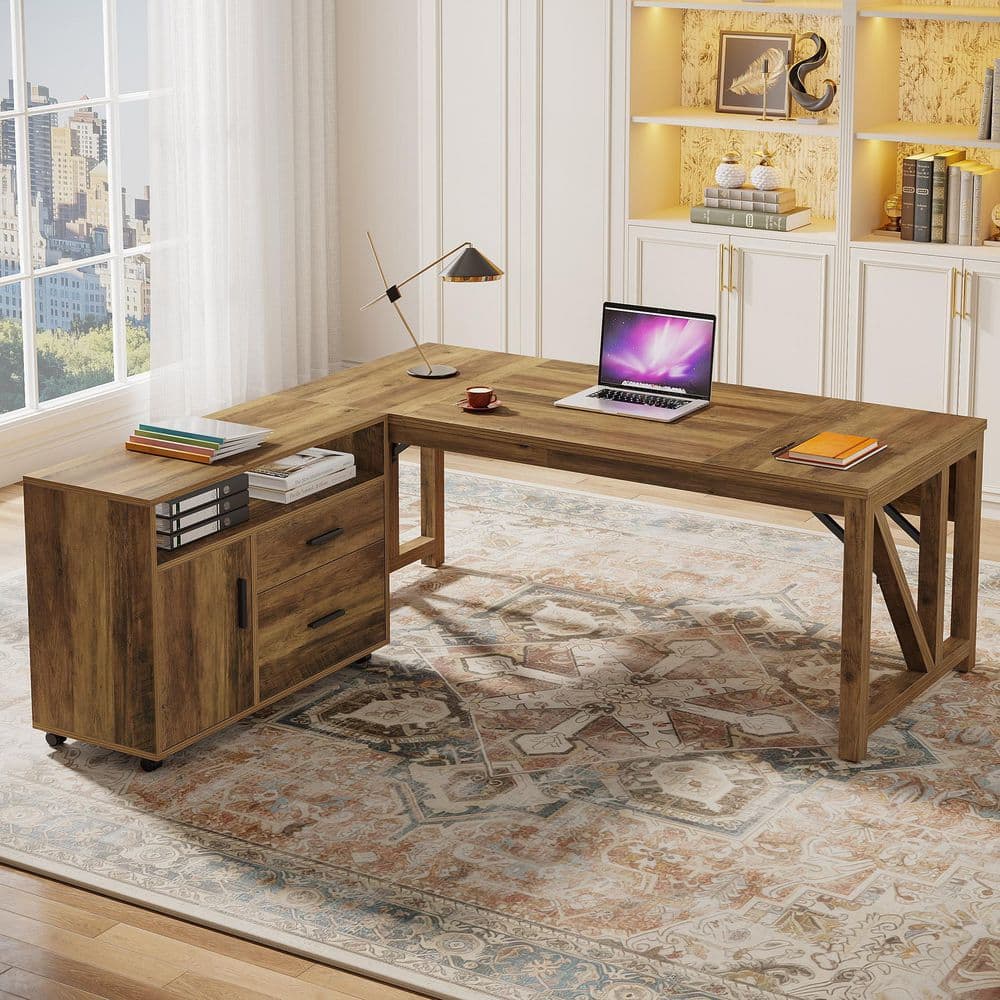 BYBLIGHT Lanita 62.99 in. L-Shaped Desk Brown Wood 2-Drawer