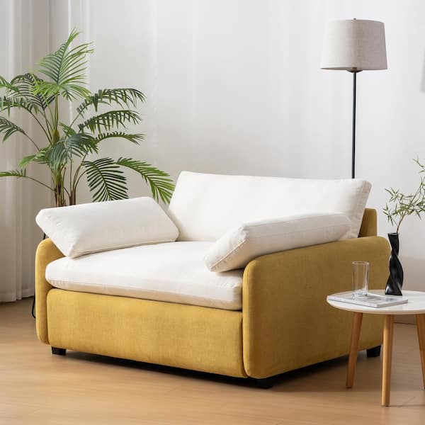 Harper & Bright Designs Yellow and Cream 50 in. Oversized Chenille Arm Chair with 2 Pillows, Wide and Deep Seat